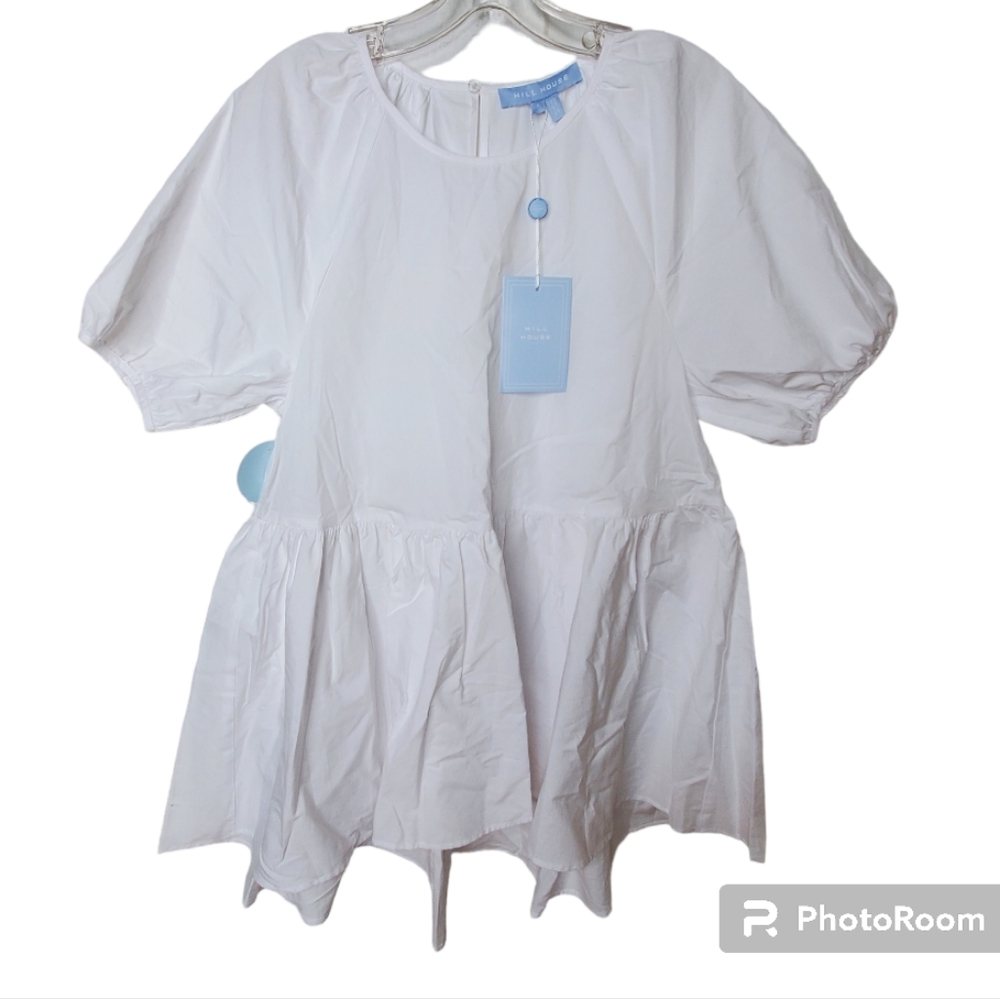 Hill House The Francesca Ruffle Puff Sleeve Top White Small High Low Cotton